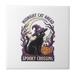 Black Cat Halloween Vintage Engraving Pumpkin Cat  Tile