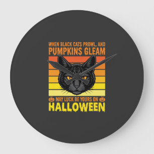 Black Cat Halloween Vintage Pumpkin Graphic Large Clock