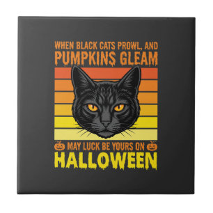 Black Cat Halloween Vintage Pumpkin Graphic Tile