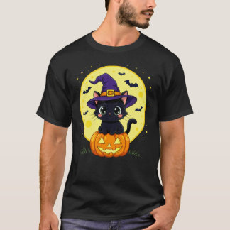 Black Cat Halloween Witch Hat Pumpkin Moon T-Shirt