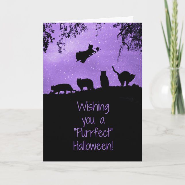 Black Cat Halloween with Witch Cute Card (Front)