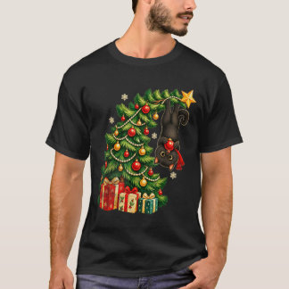 Black cat hanging from christmas tree festive pet T-Shirt