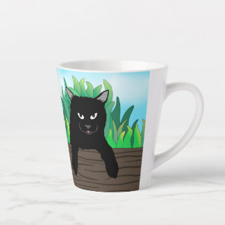 Black cat hanging, latte mug