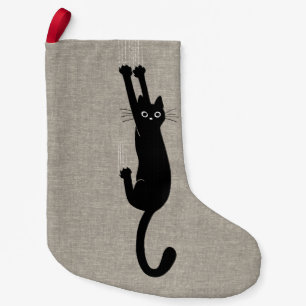 Black Cat Hanging On   Faux Linen Style Small Christmas Stocking