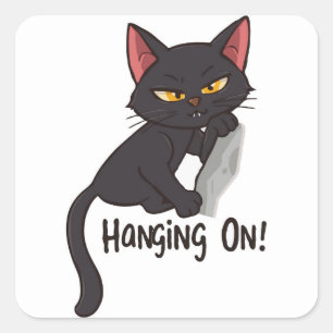 Black Cat Hanging On Square Sticker