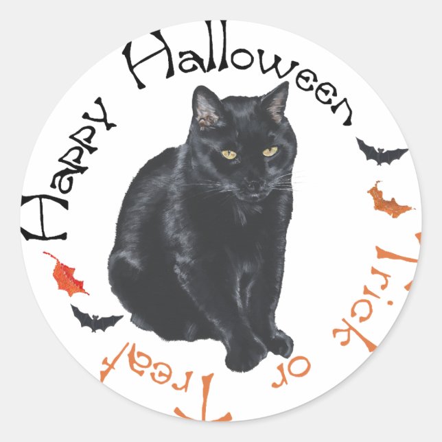 Black Cat Happy Halloween Classic Round Sticker (Front)