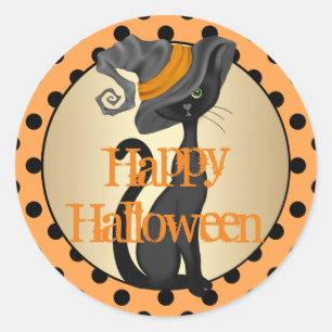 Black Cat Happy Halloween Classic Round Sticker