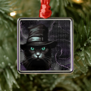 Black Cat Hat Argyle Alcohol Ink Metal Tree Decoration