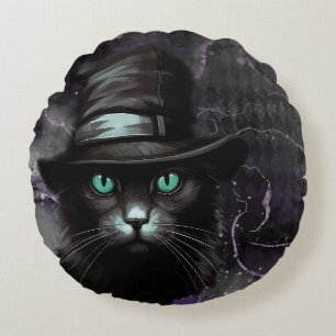 Black Cat Hat Argyle Alcohol Ink  Round Cushion