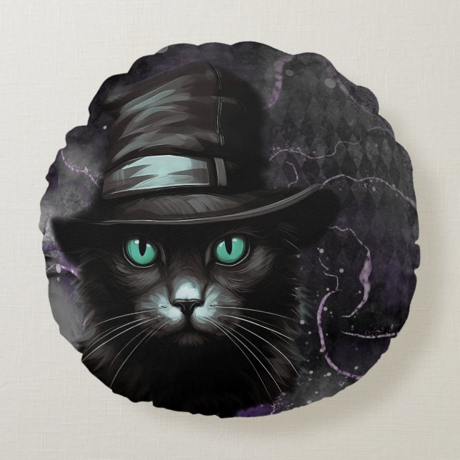 Black Cat Hat Argyle Alcohol Ink  Round Cushion (Front)