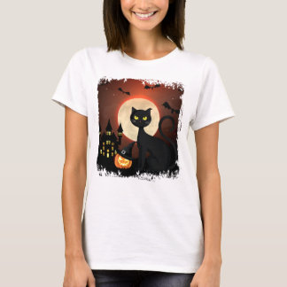 Black Cat Haunted Castle Halloween Design T-Shirt