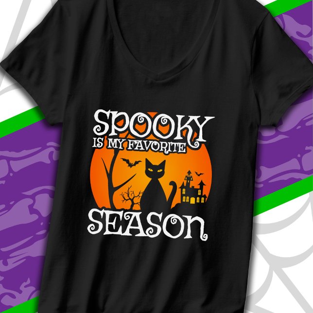 Black Cat Haunted Spooky Season Happy Halloween T-Shirt (Creator Uploaded)