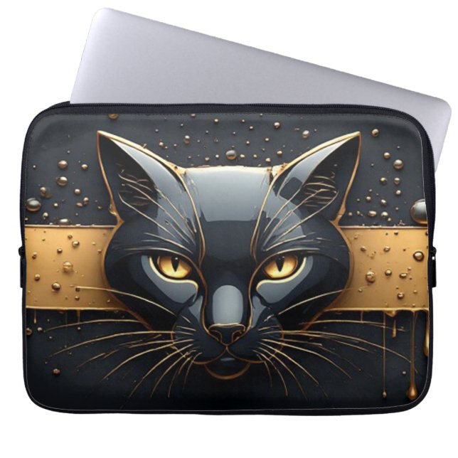 Black Cat Head With Gold Drip Design 🐈 Laptop Sleeve (Front)