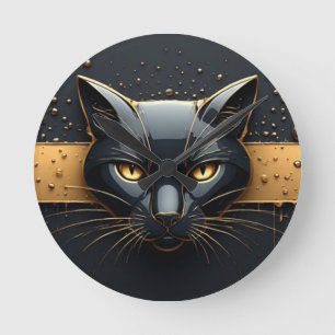 Black Cat Head With Gold Drip Design 🐈 Round Clock
