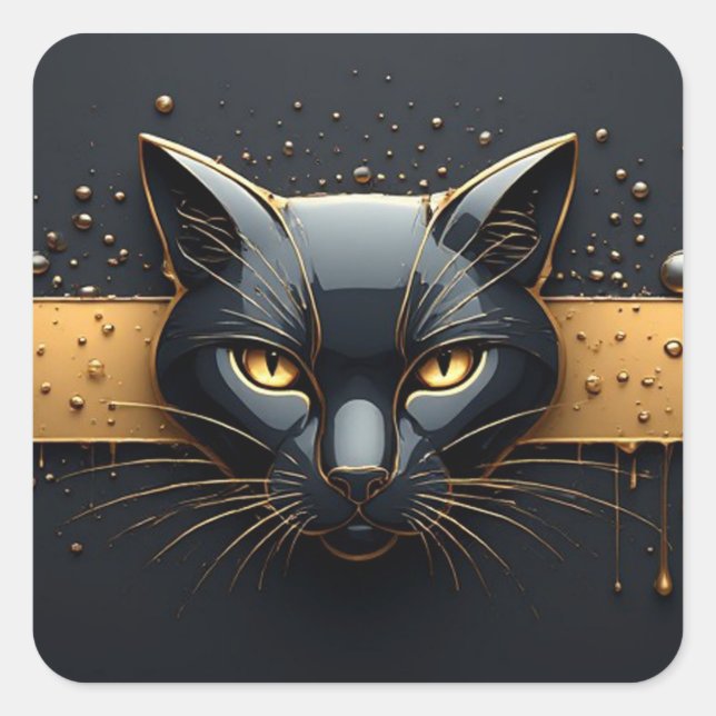 Black Cat Head With Gold Drip Design 🐈 Square Sticker (Front)