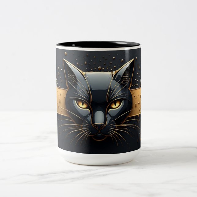 Black Cat Head With Gold Drip Design 🐈 Two-Tone Coffee Mug (Center)
