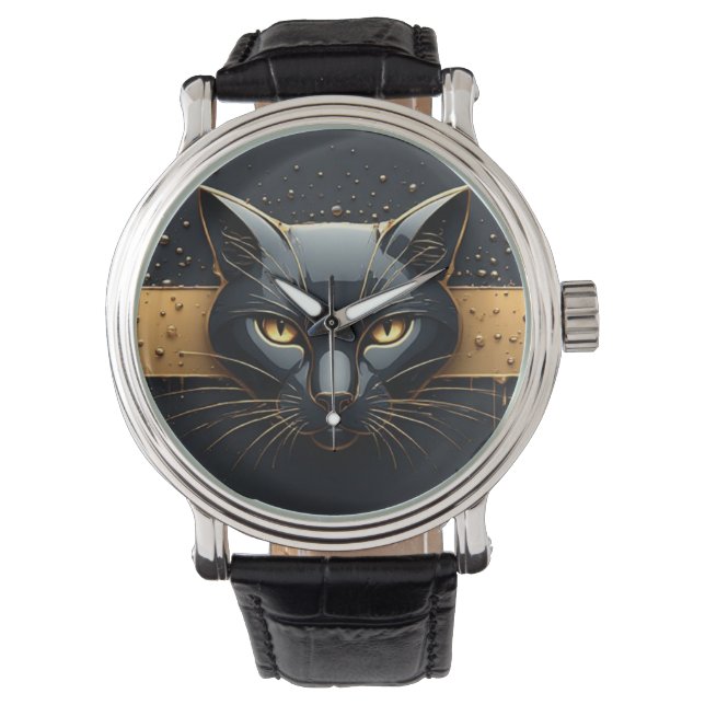 Black Cat Head With Gold Drip Design 🐈 Watch (Front)