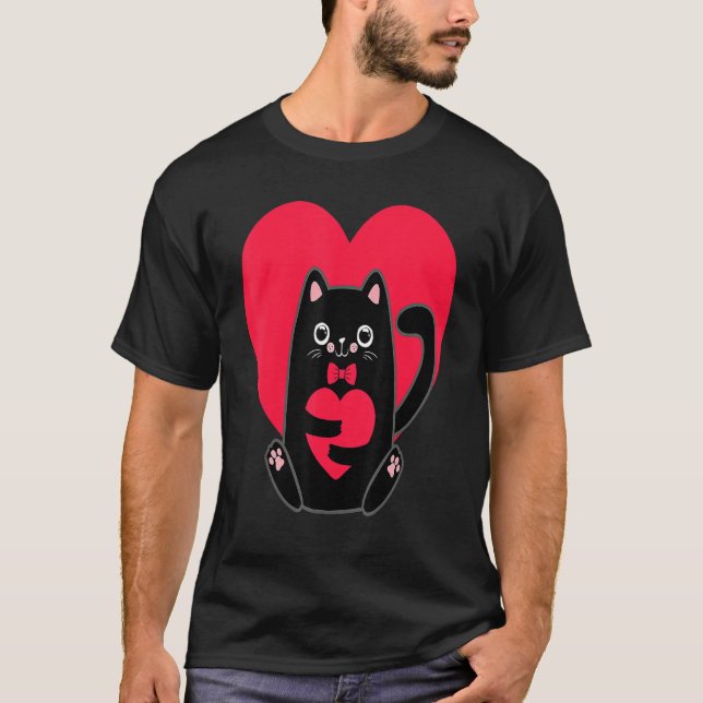 Black Cat Heart Valentines Day Cute Kitten Kitty L T-Shirt (Front)