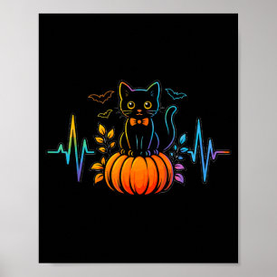 Black Cat Heartbeat Halloween Pumpkin For Women Poster