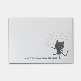 Black Cat & Hearts - Custom Name Post-it Notes