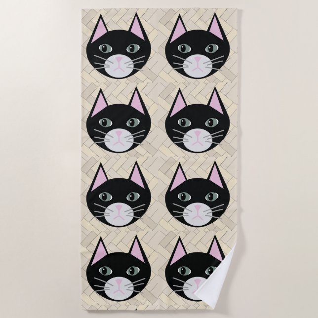Black Cat Herringbone Beige Beach Towel (Front)