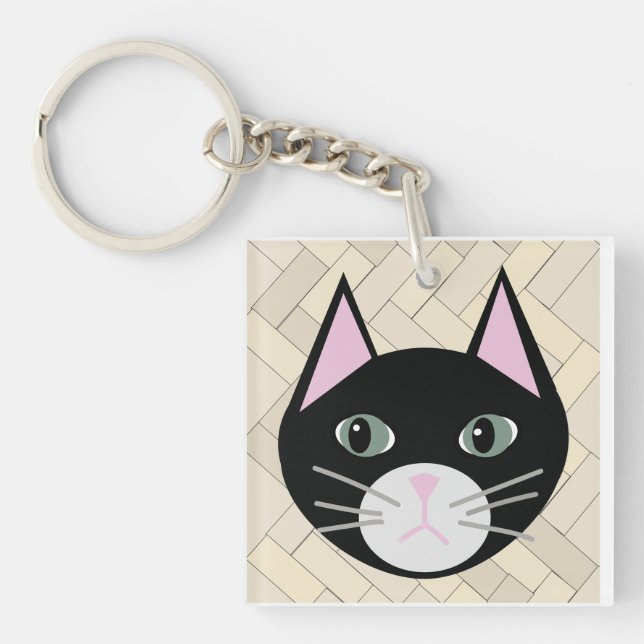 Black Cat Herringbone Beige Key Ring (Front)