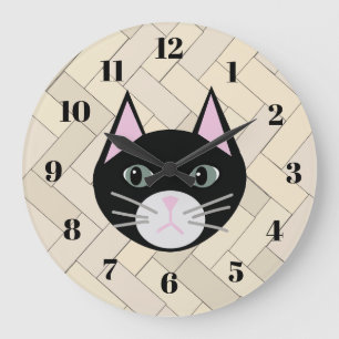 Black Cat Herringbone Beige Large Clock