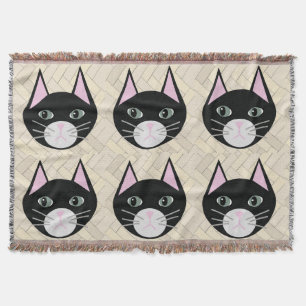 Black Cat Herringbone Beige Throw Blanket