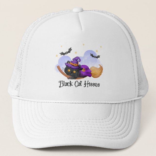 Black Cat Hisses – Halloween Witch Cat Trucker Hat (Front)