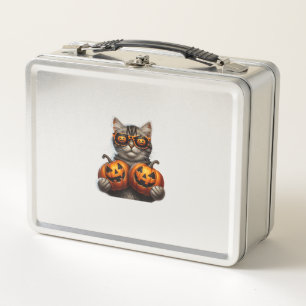 Black Cat Holding Pumpkin Halloween Cat Lovers Wom Metal Lunch Box