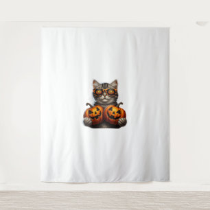 Black Cat Holding Pumpkin Halloween Cat Lovers Wom Tapestry