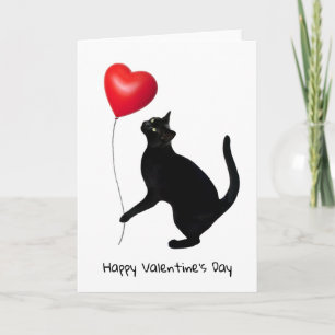 Black Cat Holding Red Heart Balloon Valentine Card