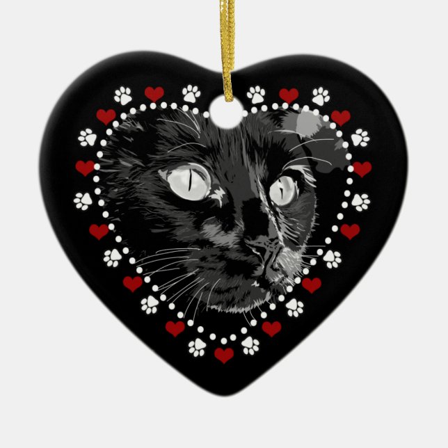 Black Cat Holiday Double Sided Heart Ornament (Front)