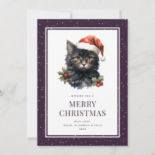 Black Cat Holly Berries Snow Merry Christmas Card