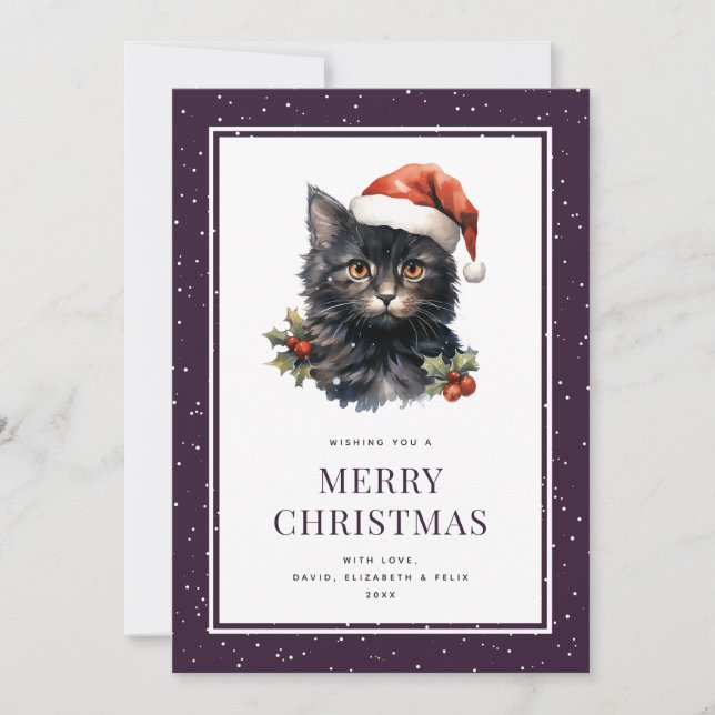 Black Cat Holly Berries Snow Merry Christmas Card (Front)
