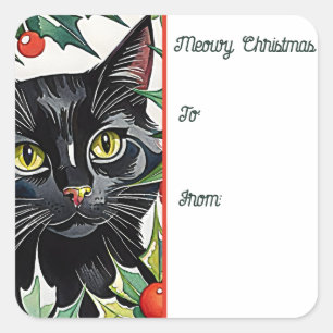 Black Cat & Holly Meowy Christmas Sticker Gift Tag