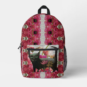Black Cat Hot Pink Psychedelic Botanical Flowers Printed Backpack