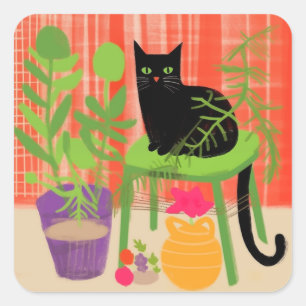 Black Cat Houseplants Square Sticker