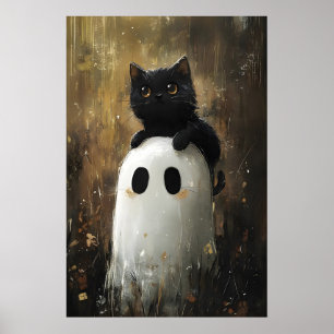 Black Cat Hugs Cute Ghost Print, Digital Halloween Poster