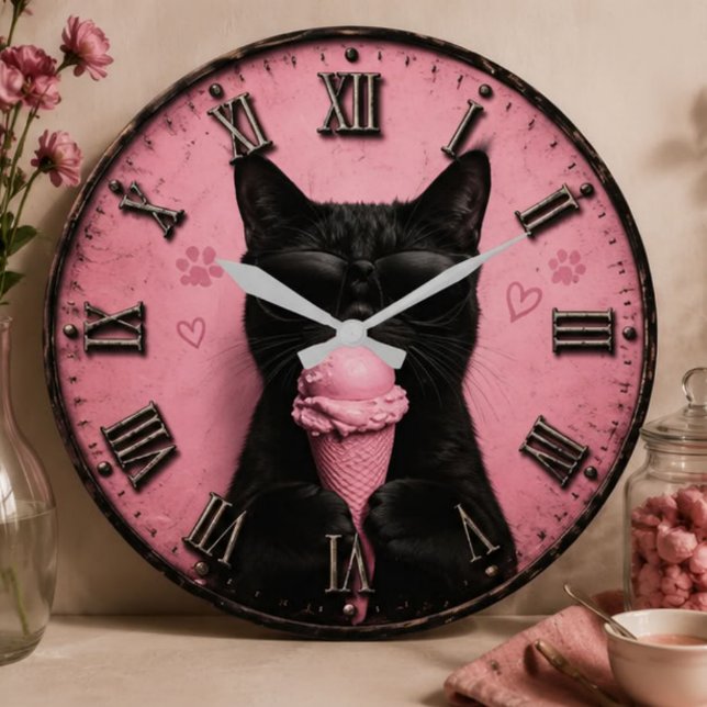 Black Cat Ice Cream  Large Clock (Creator Uploaded)