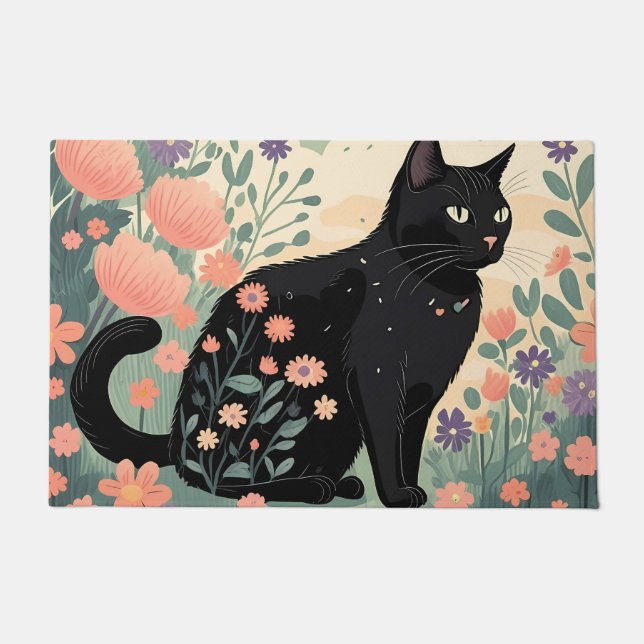 Black cat illustration in a field of flowers doormat (Front)