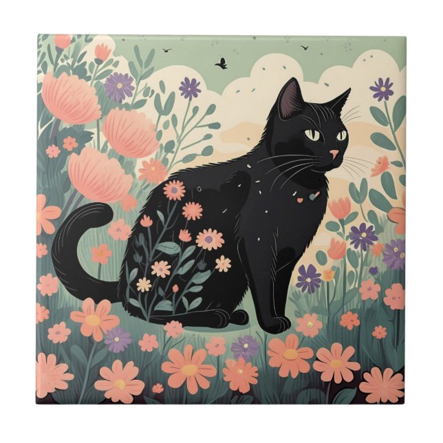 Black cat illustration in a field of flowers tile (Front)