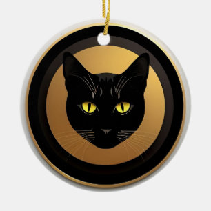 Black Cat Illustration on Golden Circle Ceramic Tree Decoration