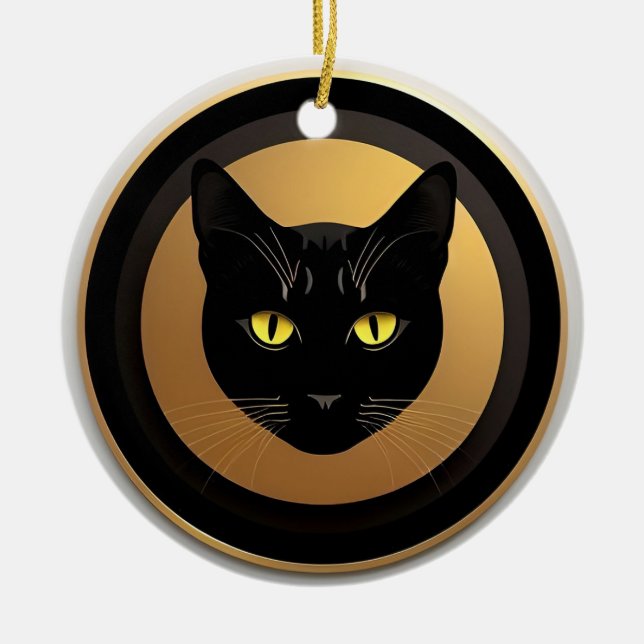 Black Cat Illustration on Golden Circle Ceramic Tree Decoration (Front)