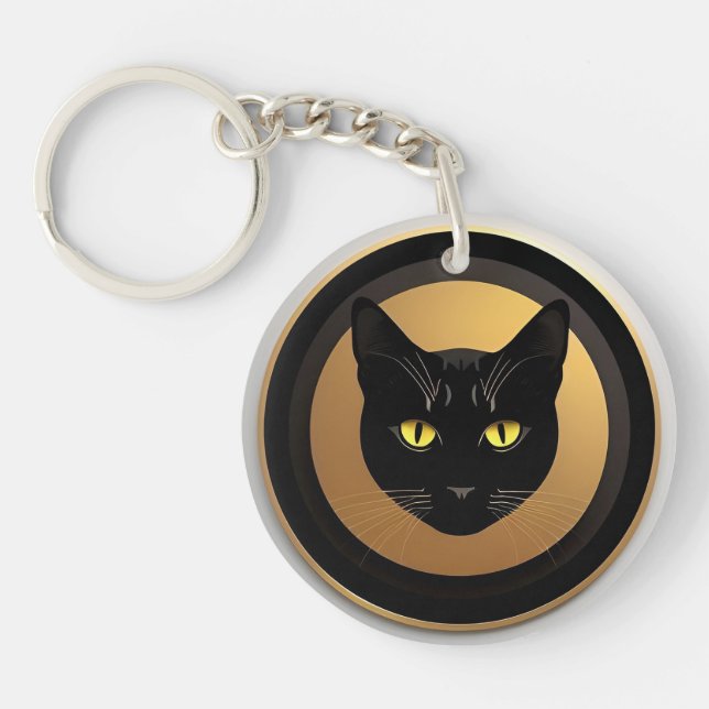 Black Cat Illustration on Golden Circle Key Ring (Front)
