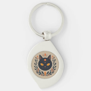 Black Cat Illustration with Vibrant Eyes Key Ring