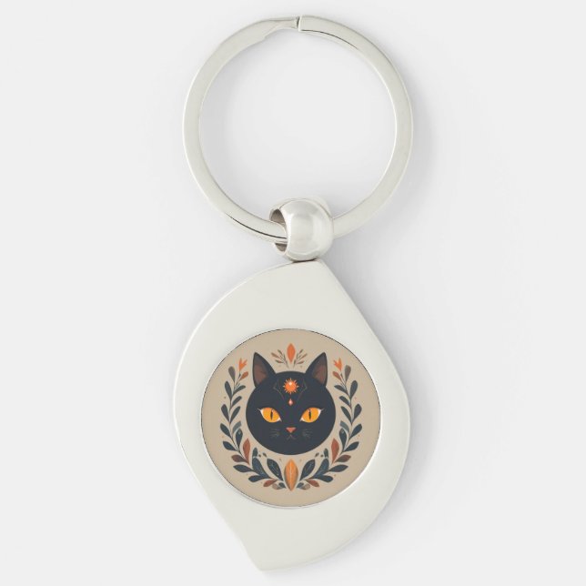Black Cat Illustration with Vibrant Eyes Key Ring (Front)