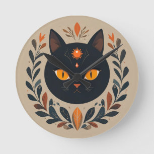 Black Cat Illustration with Vibrant Eyes Round Clock