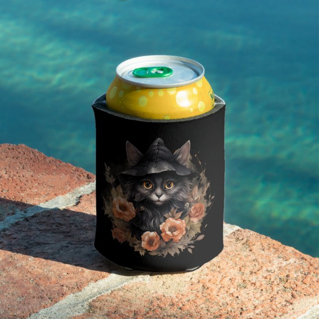 Black Cat in a Black Witch's Hat Halloween Can Cooler (In Situ Pool)