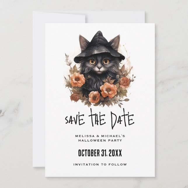 Black Cat in a Black Witch's Hat Halloween Save The Date (Front)